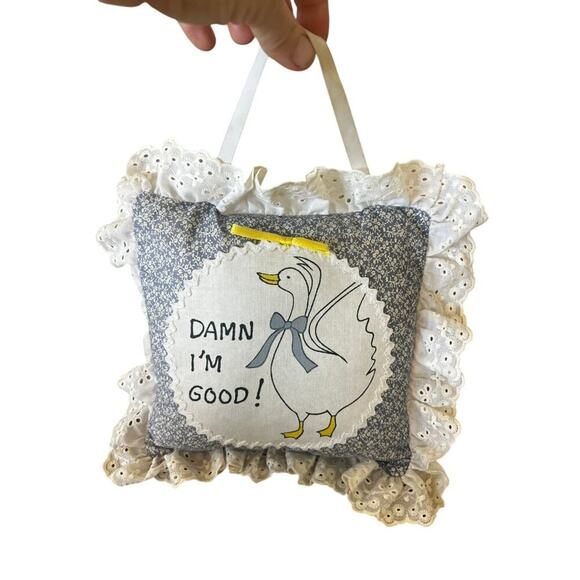 Quilted Grandma core Handstitched Pillow with goose and frilly edges 10x10 - Picture 1 of 5